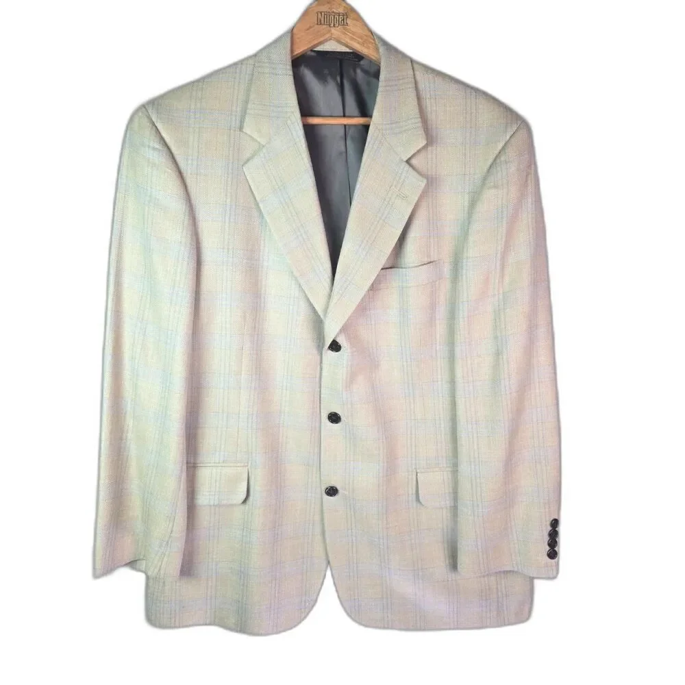 Tom James Innocenti Oro Mens Sport Coat 40R Pale Yellow Blue Plaid Tailored